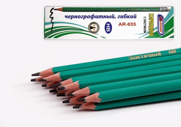 Карандаш чернографитный гибкий с  ластиком, HB, заточен, AR-655