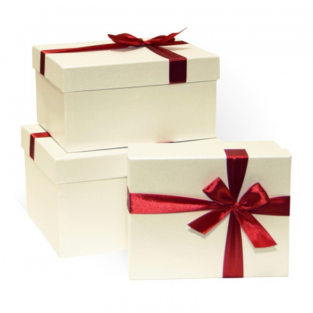 Коробка подарочная с бантом Перламутр "Белый-крас.лента" 23х19х13 см.,прямоуг.(Серия3в1), 6586