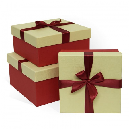 Коробка подарочная с бантом Рогожка "Слон.к./красный" 170х170х70 мм, квадрат, (Серия 3в1), 2410