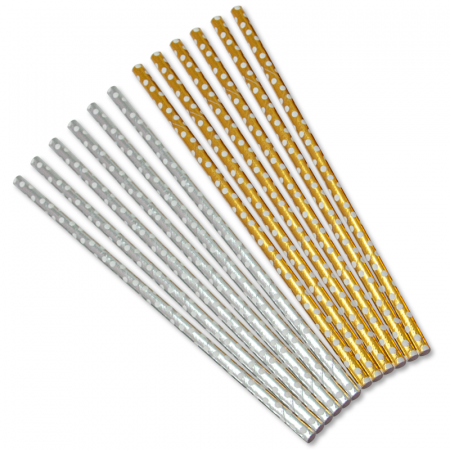 Трубочки для коктейлей, Белые точки, Золото/Серебро, (12 шт/уп), 625007